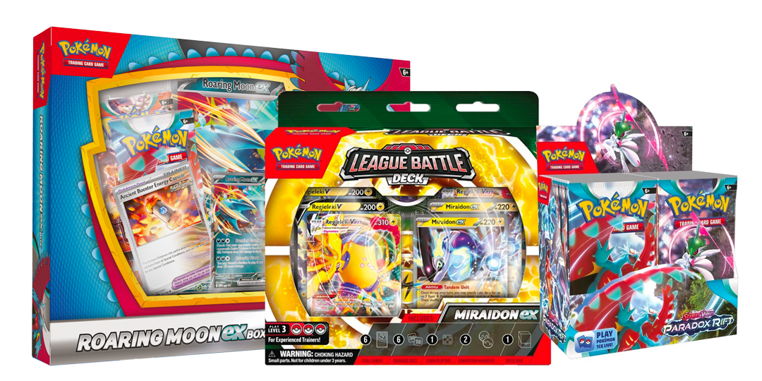 Pokemon products including the Miraidon league battle deck, Roaring Moon ex box, and Paradox Rift boosters